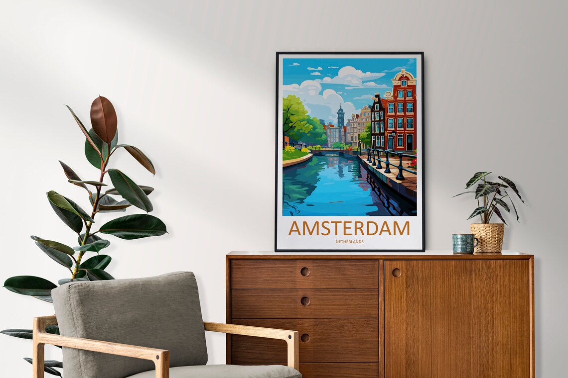 Amsterdam Netherlands Canal Gabled Houses Sunny Day Travel Poster - Image 2
