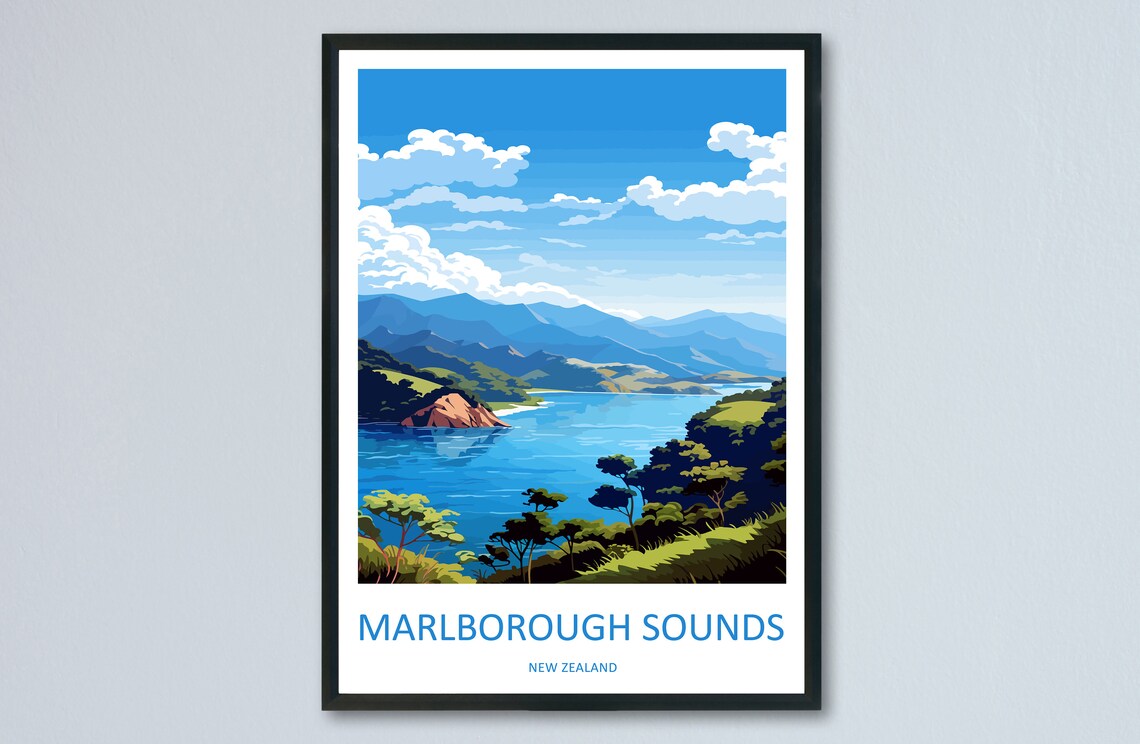 Marlborough Sounds New Zealand Travel Poster with Blue Bays and Hills