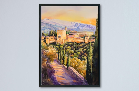 Alhambra Palace Granada Sunset Watercolor Spain Landmark Poster