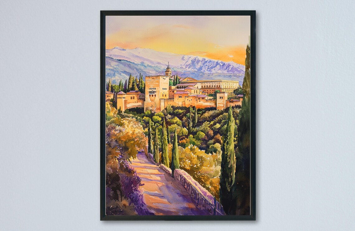 Alhambra Palace Granada Sunset Watercolor Spain Landmark Poster