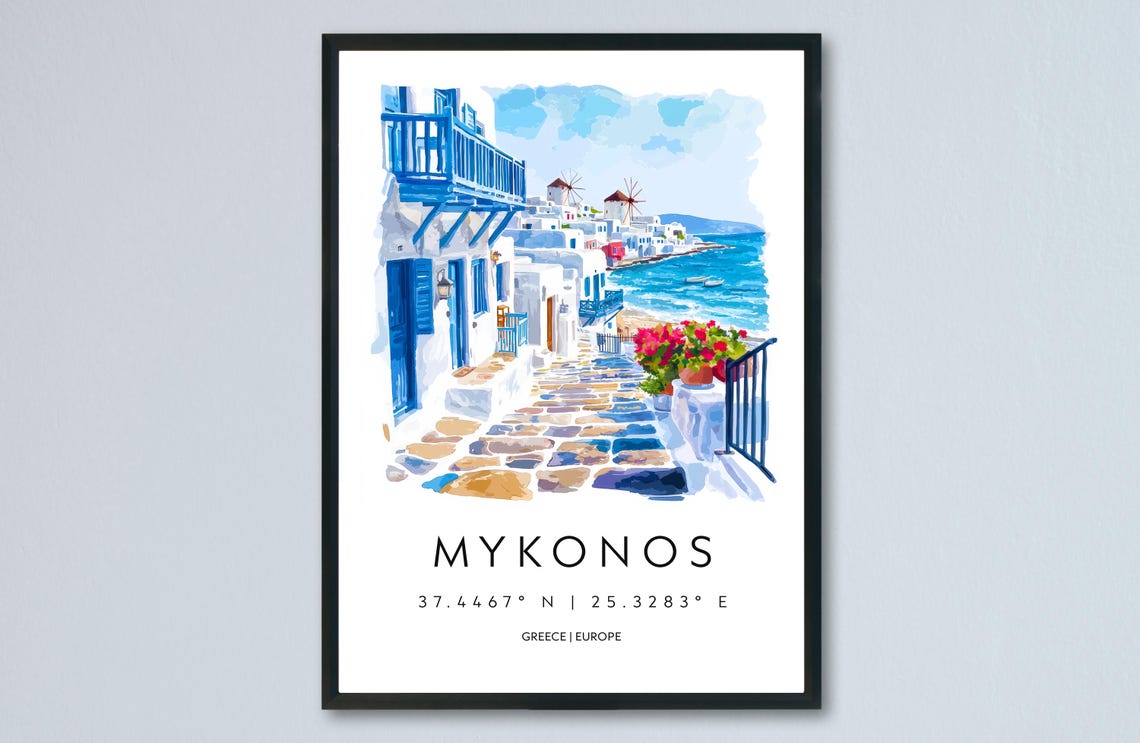 Mykonos Watercolor Greece Travel Poster, Island Art