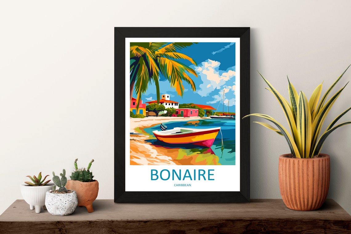 Bonaire Caribbean Sailboat Beach Palm Retro Illustration Poster - Image 3