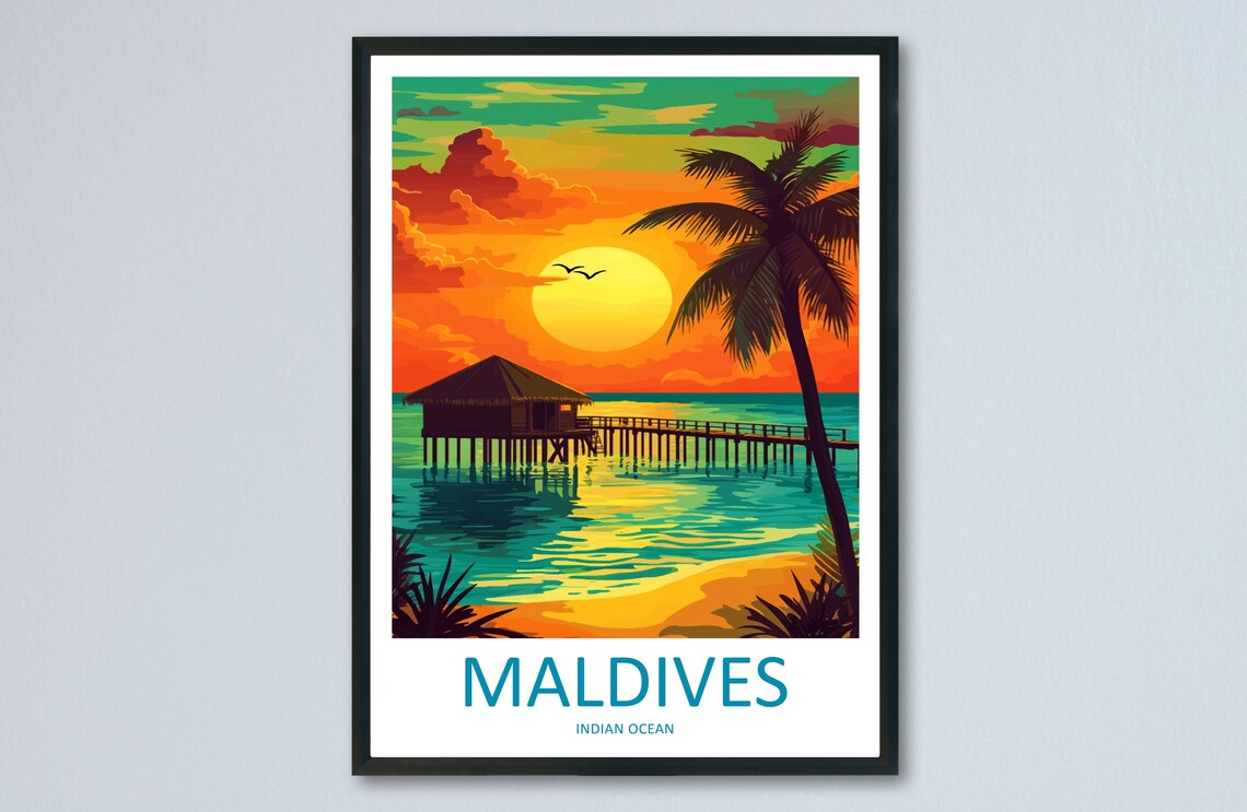 Maldives Overwater Bungalow at Sunset Tropical Island Travel Poster