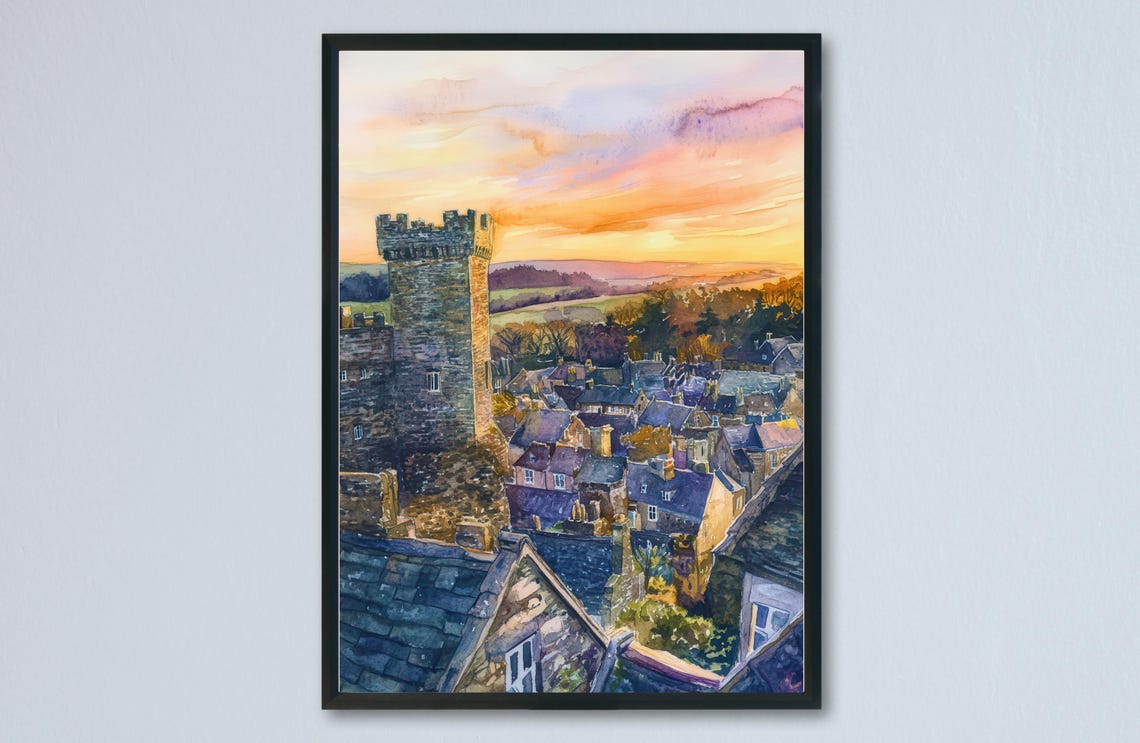 Skipton Yorkshire Castle Tower Over Rooftops at Sunset Poster