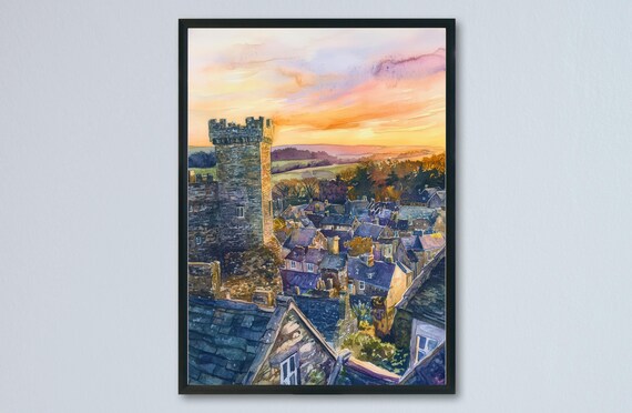 Skipton Yorkshire Castle Tower Over Rooftops at Sunset Poster