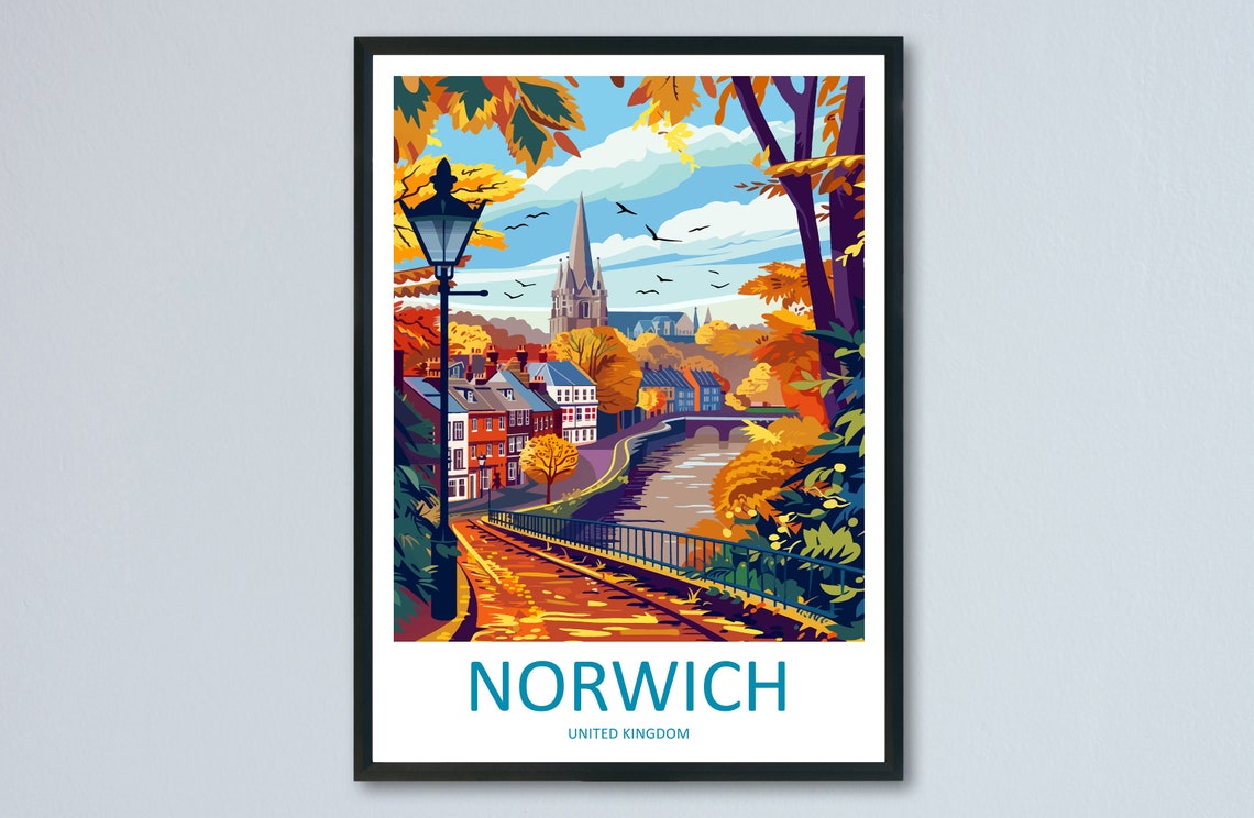 Norwich England Autumn Riverside Church Spire Streetscape Poster