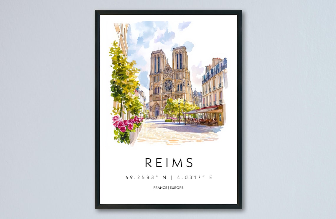 Reims France Cathedral Cobblestone Street Watercolor Travel Poster