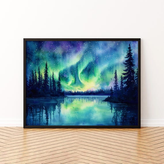 Northern Lights Watercolor Poster Landscape Wall Art Hanging Home Dcor Gift Lovers Norway