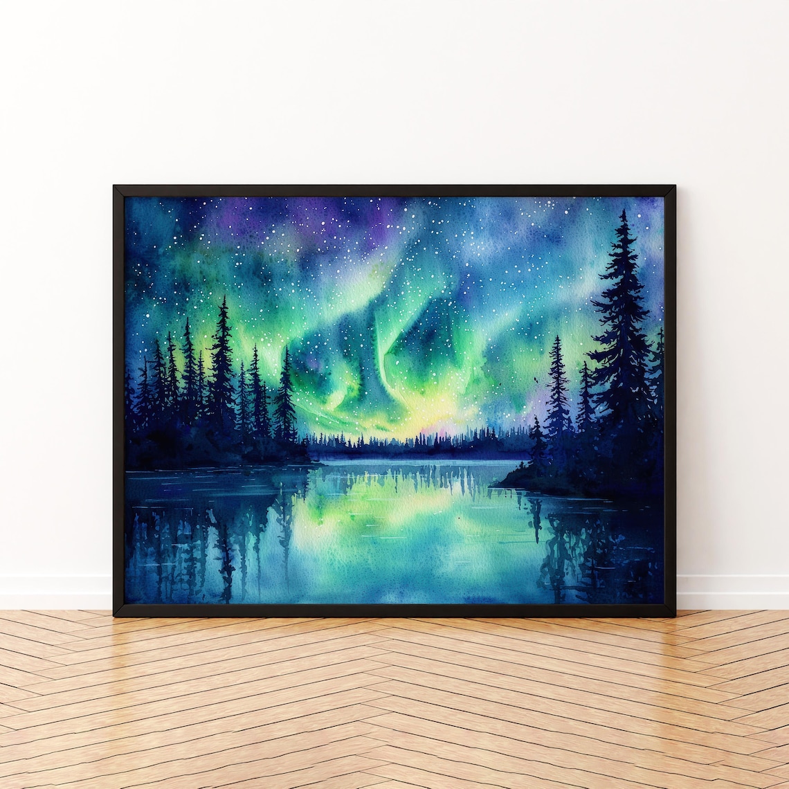 Northern Lights over Mirror Lake Pine Forest Watercolor Night Sky Poster