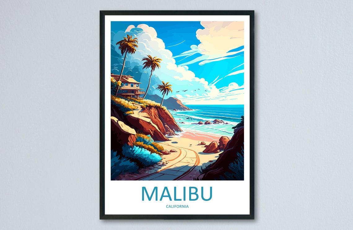 Malibu California Coastal Cliffs Beach House Sunset Travel Poster