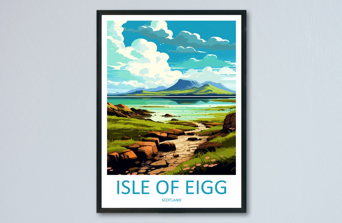 Isle of Eigg Scotland Rocky Shoreline and Green Hillside Poster