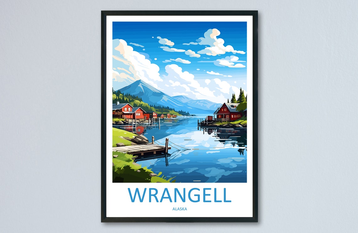 Wrangell Alaska Harbor with Red Cabins and Snowy Mountains Poster