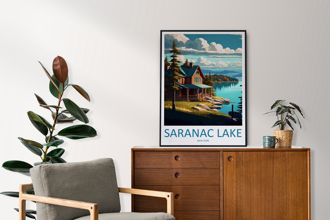 Saranac Lake New York Lakeside Cabin Under Pine Trees Poster - Image 2