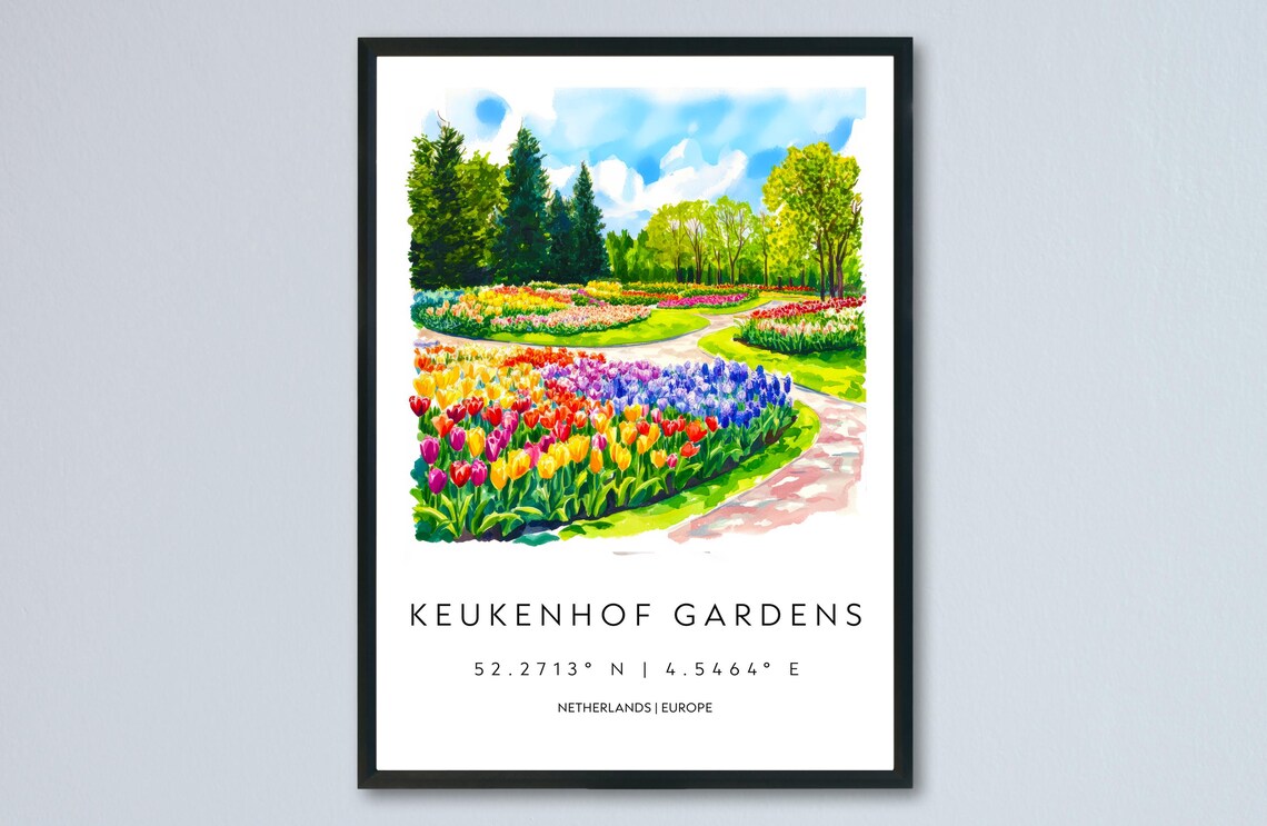 Keukenhof Gardens Netherlands Tulip Watercolor Travel Poster