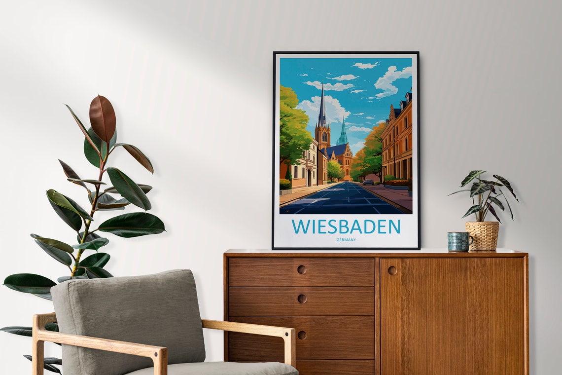 Wiesbaden Germany Tree Lined Church Street Blue Sky Day Poster - Image 2