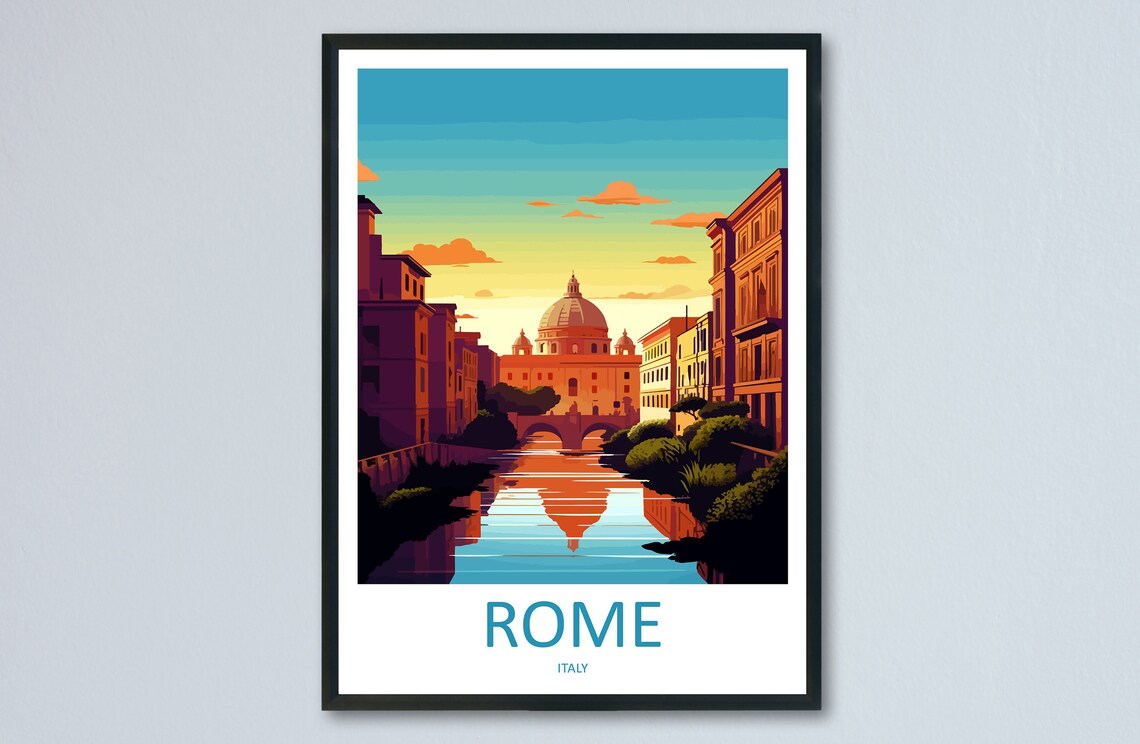 Rome Italy Travel Poster St Peters Basilica Sunset River Reflection