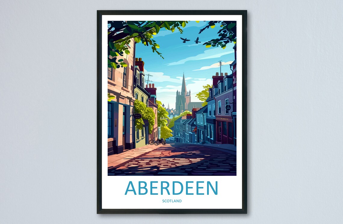 Aberdeen Scotland Church Spire Cobbled Street Evening Scene Poster