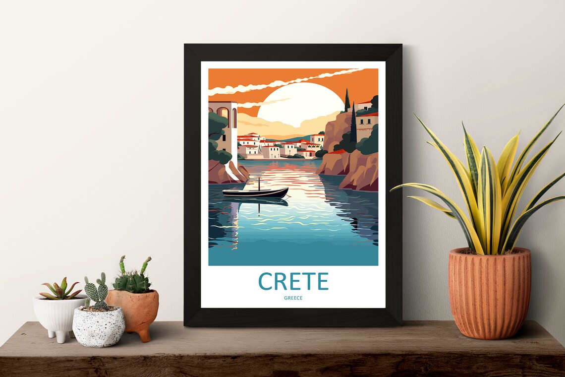 Crete Greece Sunset Harbor Fishing Boat Seaside Village Travel Poster - Image 3