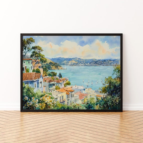 Sausalito California Bay Sailboats Watercolor Coastal Travel Print