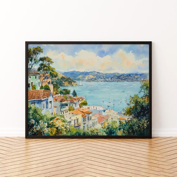 Sausalito Watercolor Poster Travel Print Coastal Town Painting Bay Area Wall Art Usa Souvenir