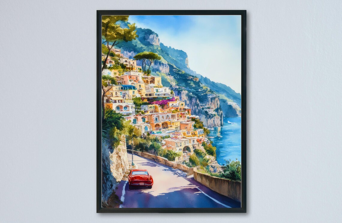 Positano Amalfi Coast Watercolor Red Car Coastal Road Cliff Town Poster