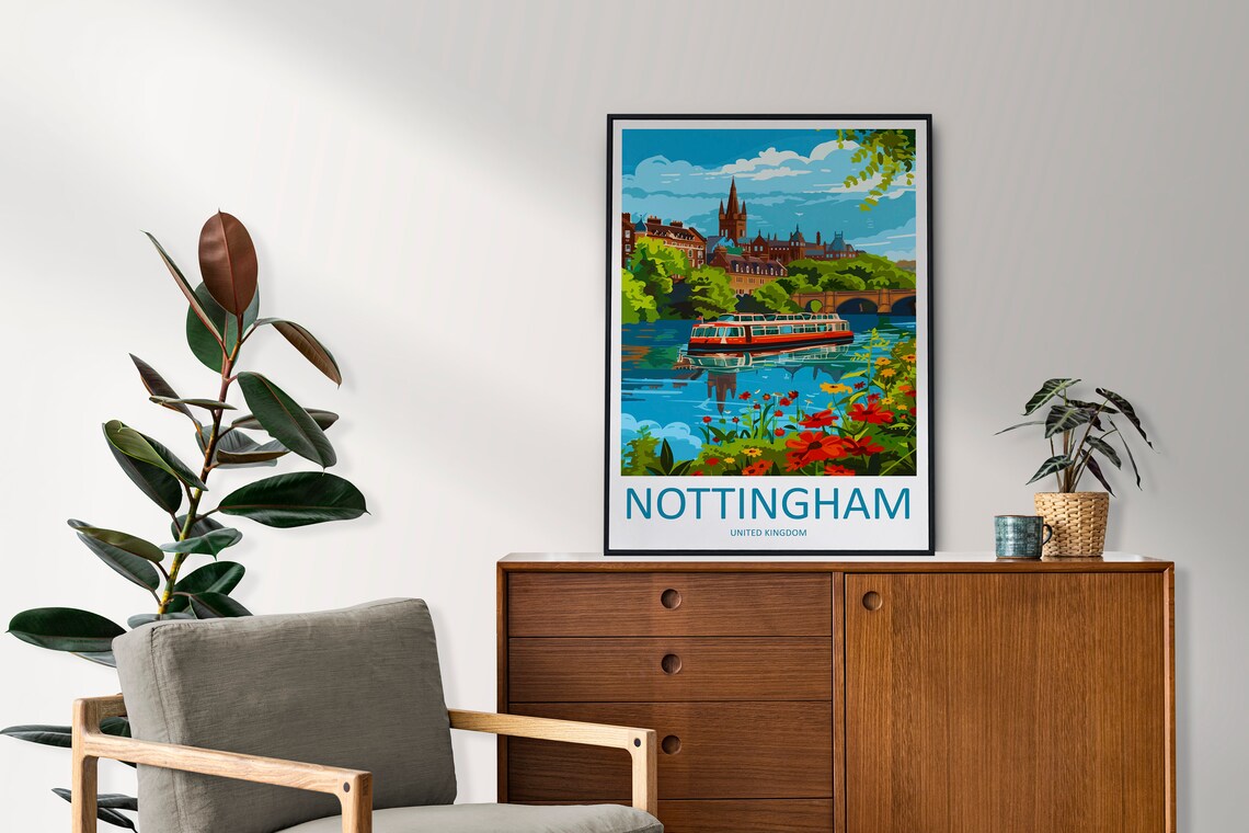 Nottingham England River Boat Church Spire Colorful Scene Poster - Image 2