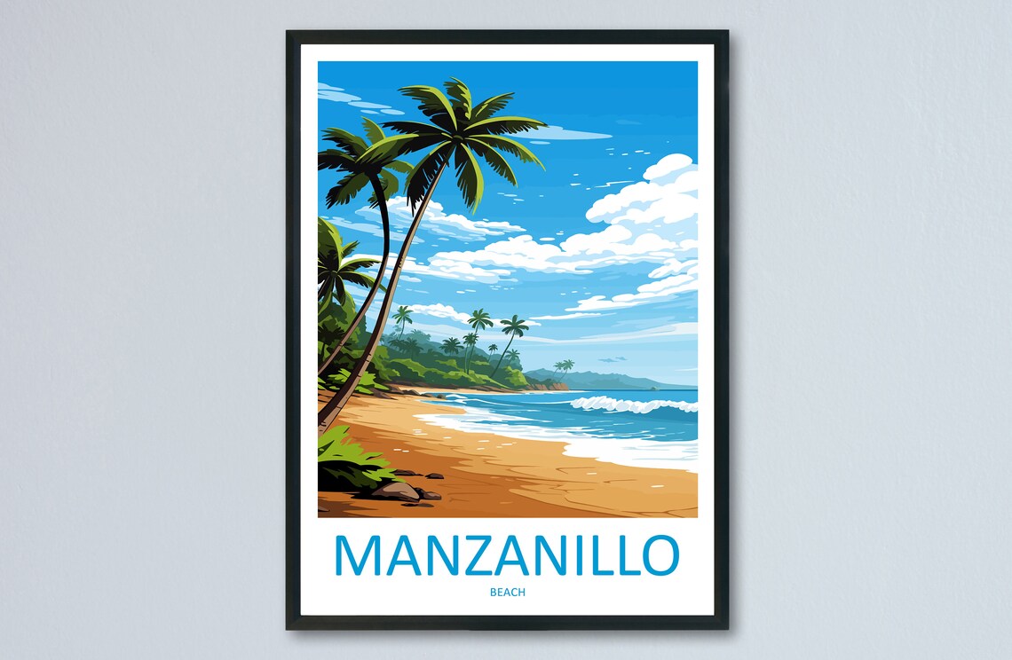 Manzanillo Beach Costa Rica Palm Framed Shore Vintage Travel Poster