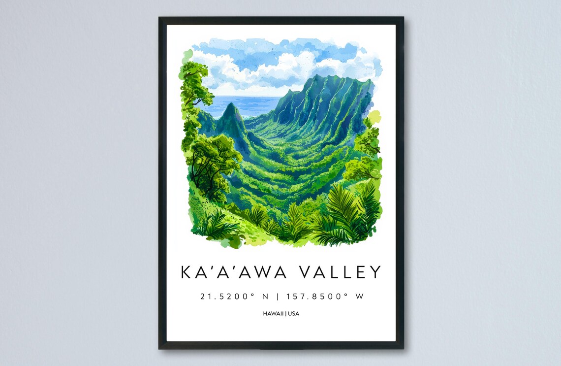 Kaaawa Valley Hawaii Green Ridged Valley Watercolor Travel Poster