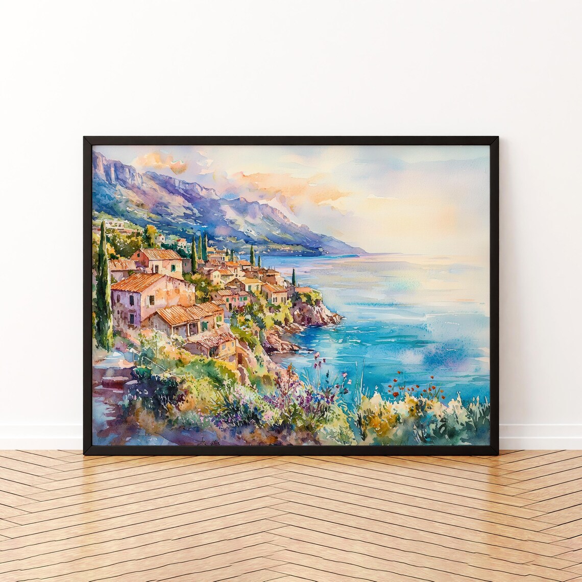 Mediterranean Hillside Coastal Village Cypress Watercolor Print