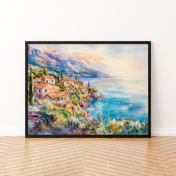 Mediterranean Hillside Coastal Village Cypress Watercolor Print
