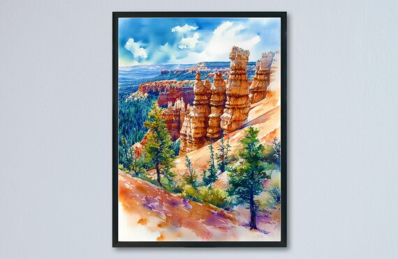 Bryce Canyon Hoodoos Red Rocks Utah Watercolor Landscape Poster