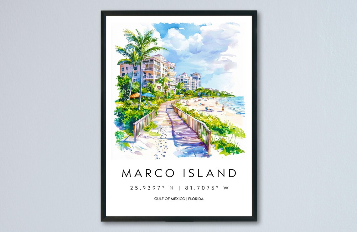 Marco Island Florida Watercolor Beach Boardwalk Travel Poster