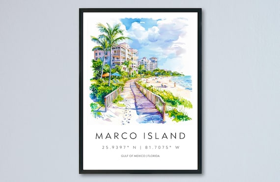 Marco Island Florida Watercolor Beach Boardwalk Travel Poster