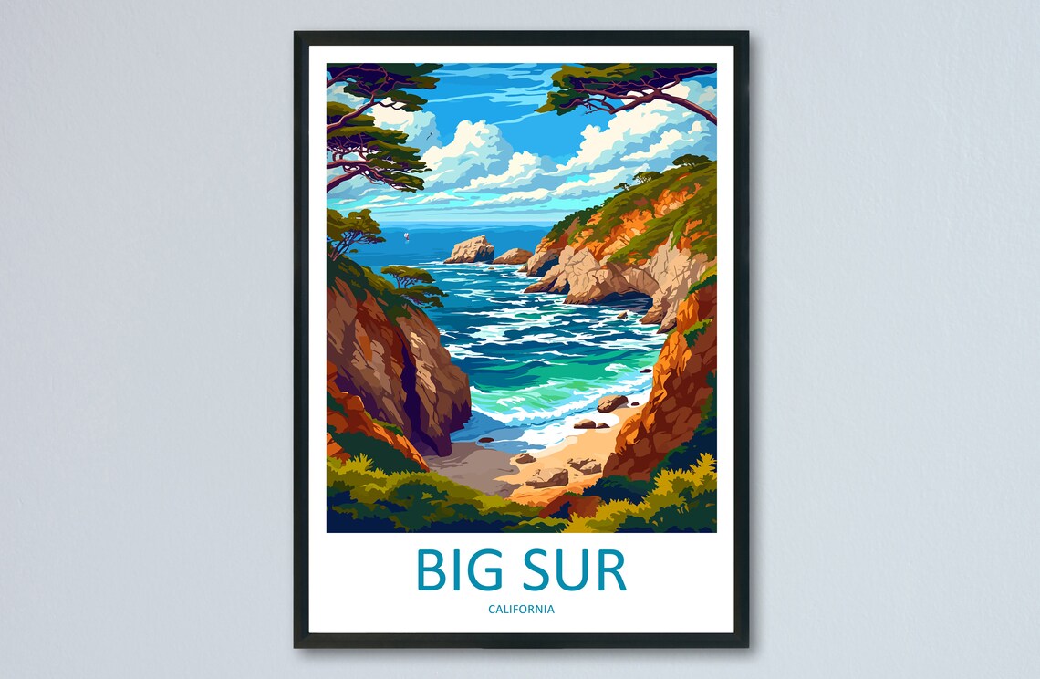 Big Sur California Rocky Coastline Surf Vintage Travel Poster