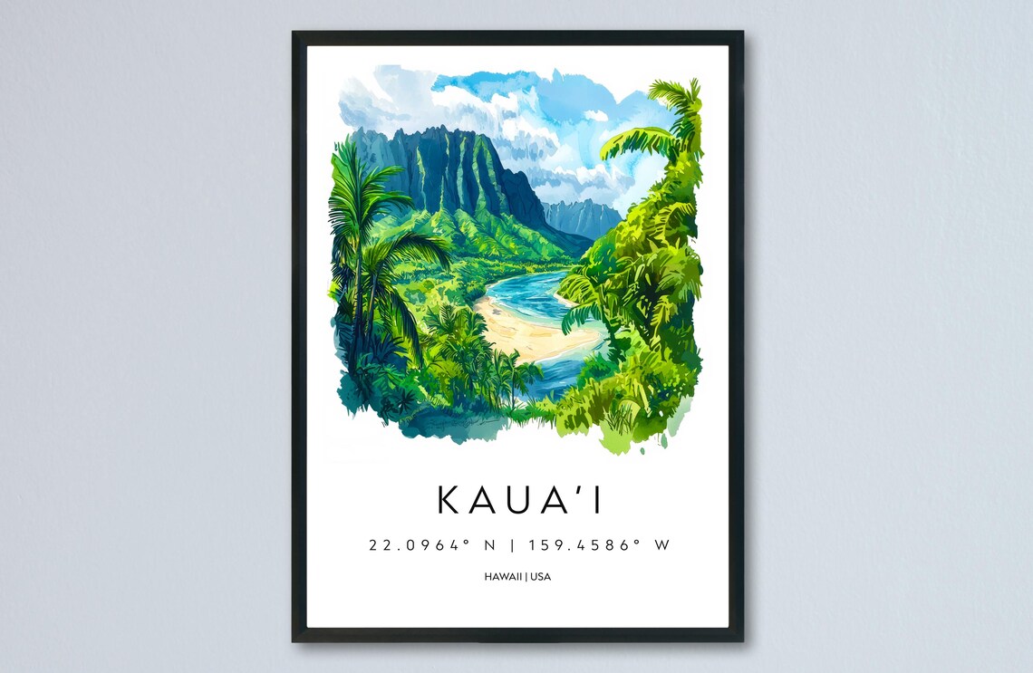 Kauai Hawaii Green Mountain River Beach Watercolor Travel Poster