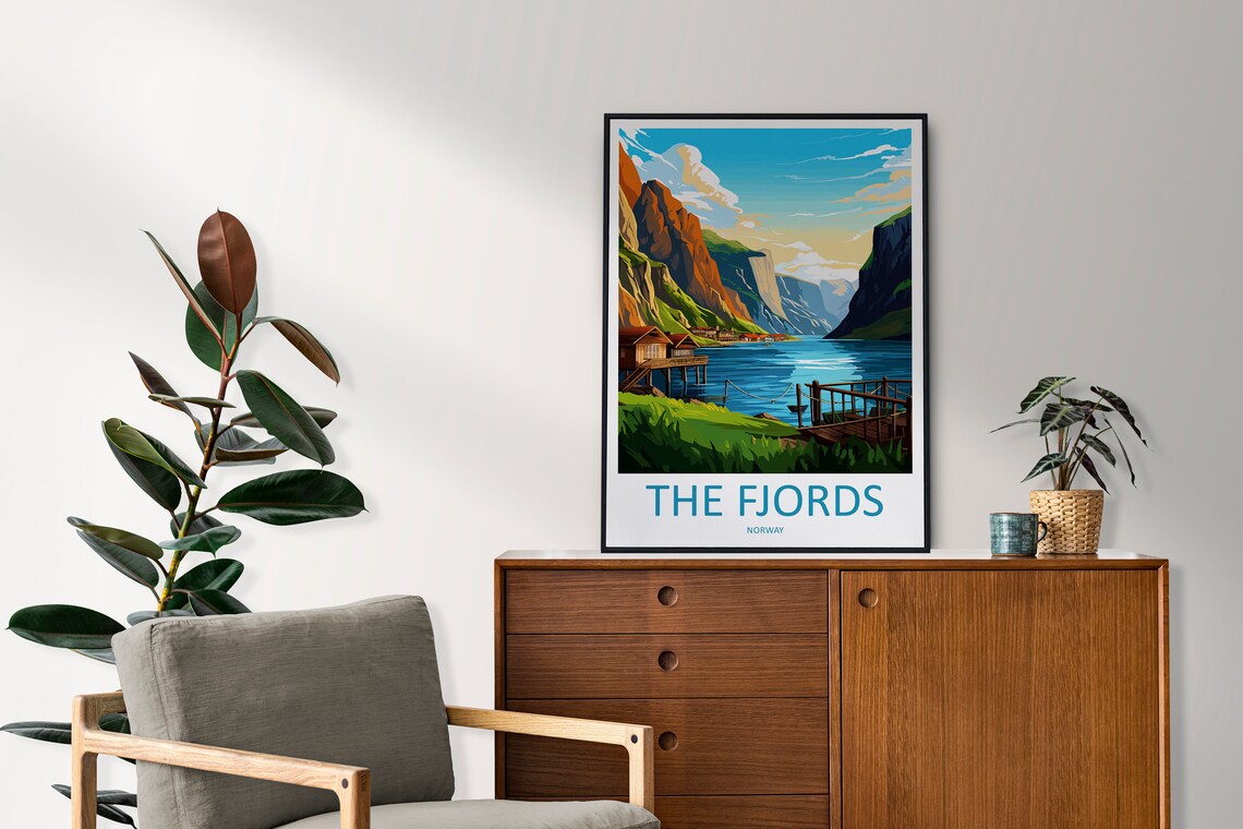 The Fjords Norway Steep Cliffs Lakeside Village Morning View Poster - Image 2