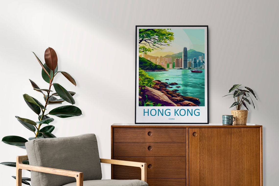 Hong Kong China Harbor Skyline Rocky Shore Morning View Poster - Image 2