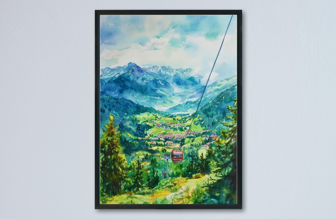 Stoos Cable Car Gondola Alpine Valley Watercolor Travel Poster