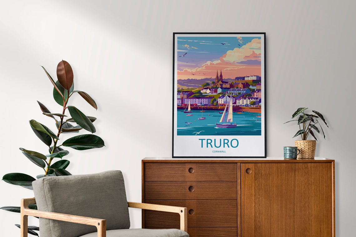 Truro Cornwall Harbor Sailboats Sunset Cathedral View Poster - Image 2