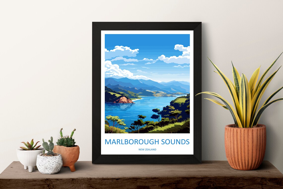 Marlborough Sounds New Zealand Travel Poster with Blue Bays and Hills - Image 3