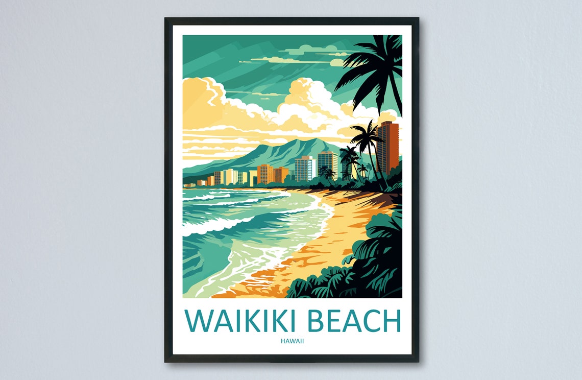 Waikiki Beach Hawaii Skyline Surf Palms Golden Hour Travel Poster