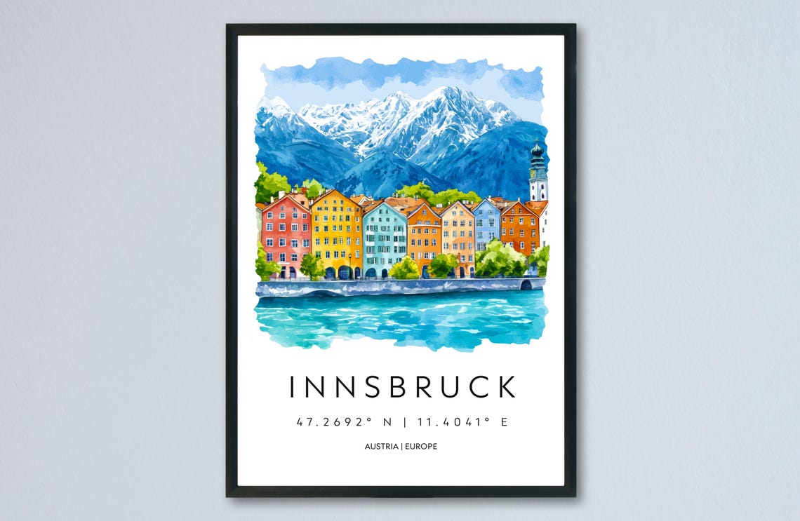 Innsbruck Austria Riverside Row Houses Watercolor City Poster