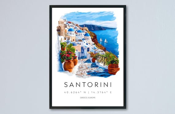 Santorini Greece Watercolor Travel Poster Blue Domes Above The Aegean Sea