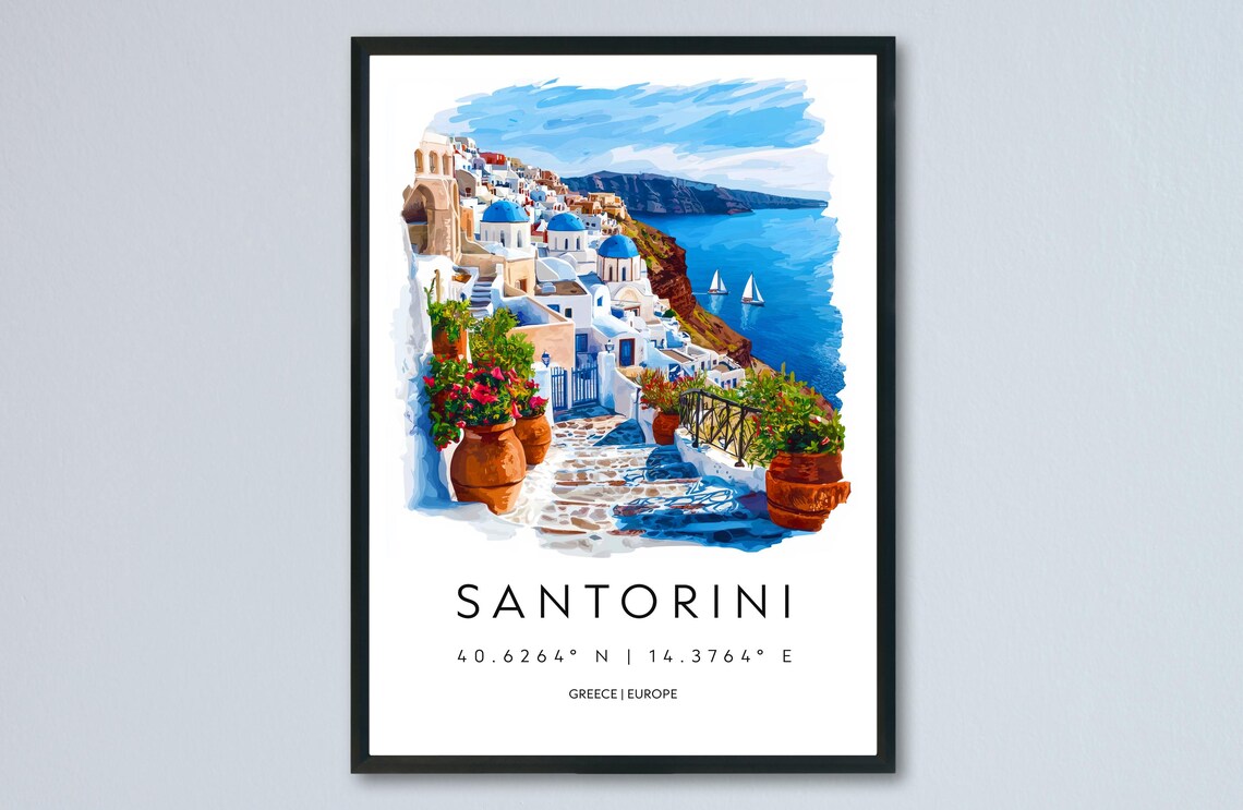 Santorini Greece Watercolor Travel Poster Blue Domes Above The Aegean Sea
