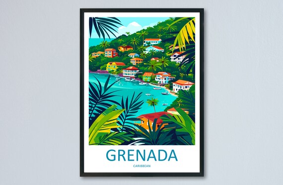 Grenada Caribbean Bay Hillside Village Tropical Travel Poster