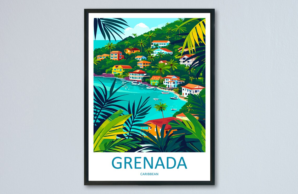 Grenada Caribbean Bay Hillside Village Tropical Travel Poster