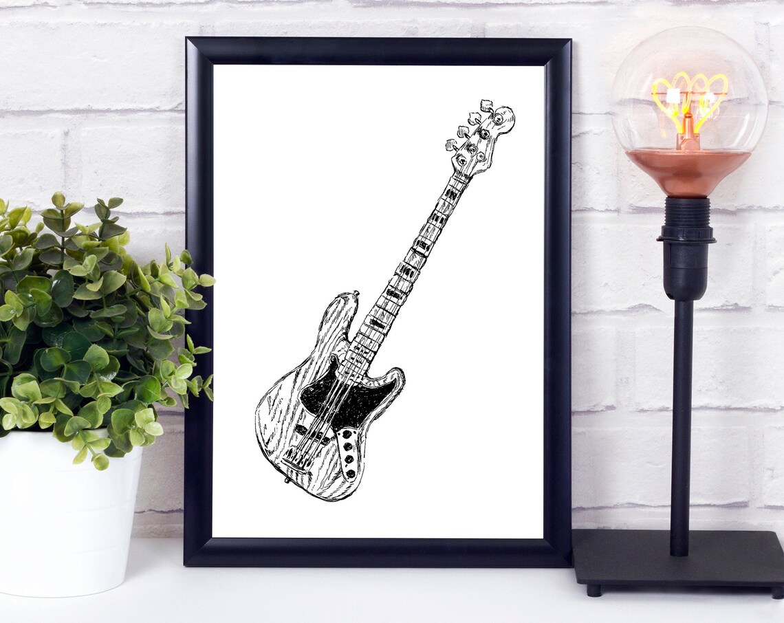 Black and White Bass Guitar Ink Sketch Music Room Art Poster