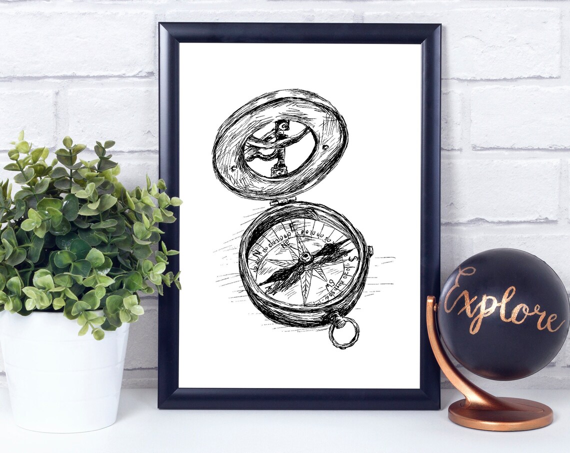Antique Pocket Compass Open Lid Ink Sketch Adventure Wall Art