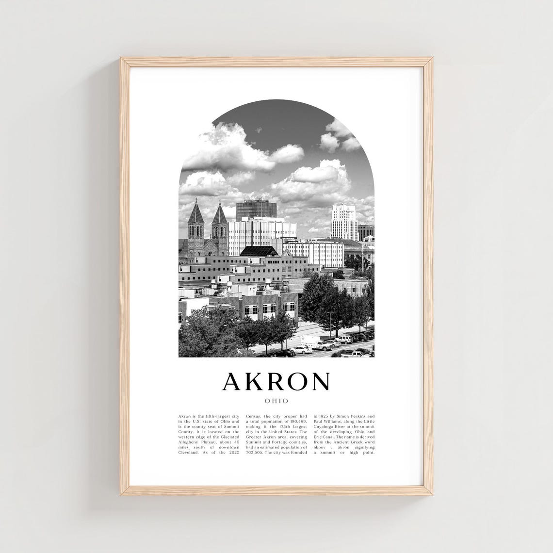 Akron Ohio Black and White Downtown Skyline Historic Arch Photo Poster