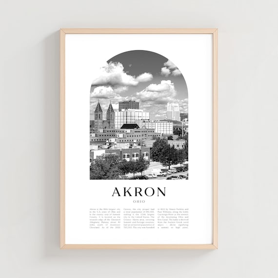 Akron Ohio Black and White Downtown Skyline Historic Arch Photo Poster